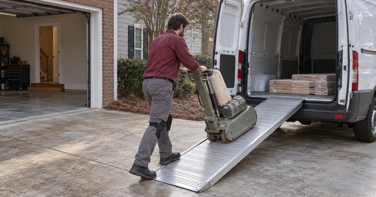Worker wheeling an upright drum sander up a ramp into a plain work van in the driveway of a Roswell job site.