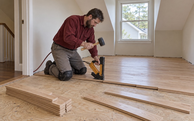 Worker striking a flooring nailer seated on the tongue edge of a solid oak board in the bonus room over the garage of a Roswell house.