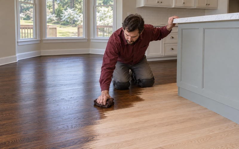 Worker wiping dark brown stain along sanded oak boards beside the kitchen island of a Roswell house.