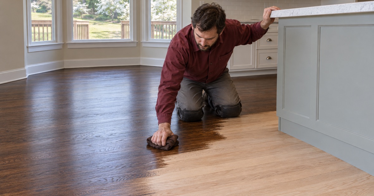 Worker wiping dark brown stain along sanded oak boards beside the kitchen island of a Roswell house.