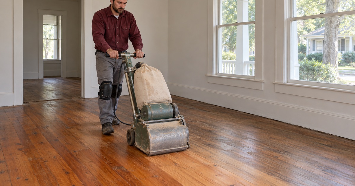 Worker pushing a drum sander along wide old heart pine boards in the front room of an older Roswell house.