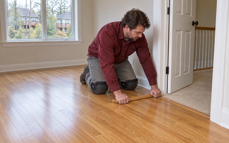 Worker fitting a flush transition where new oak flooring in a bedroom meets the carpeted upstairs hall of a Roswell house.