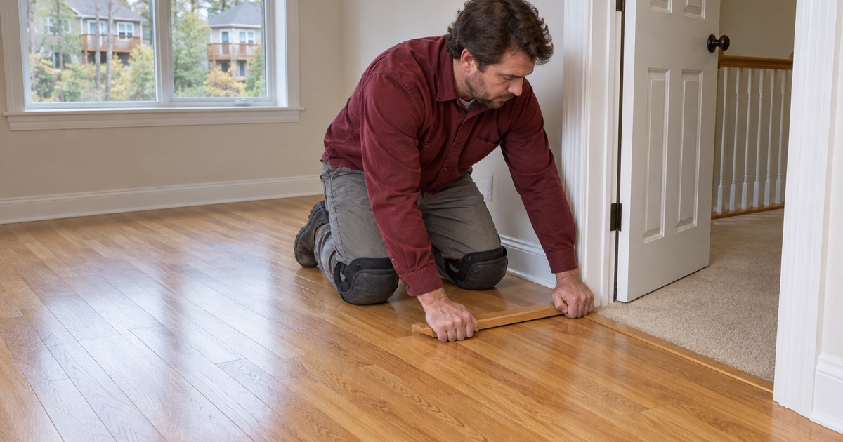 Worker fitting a flush transition where new oak flooring in a bedroom meets the carpeted upstairs hall of a Roswell house.