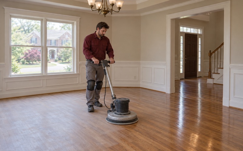 Worker running a floor buffer with a screening pad over dull, sound oak in the formal dining room of a Roswell house.