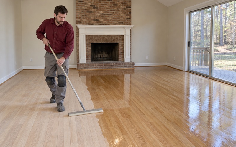 Worker walking backwards while spreading clear finish with a T-bar applicator across sanded oak in the family room of a Roswell house.