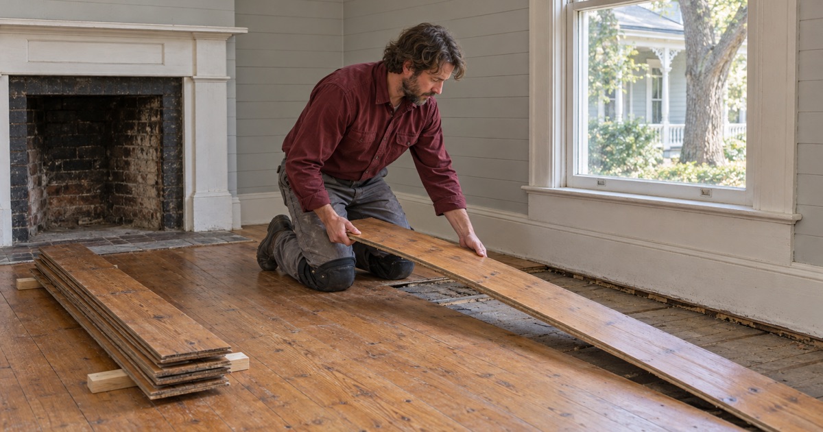Worker lifting an original pine floorboard to be saved and reused from an early-1900s house in Alpharetta.