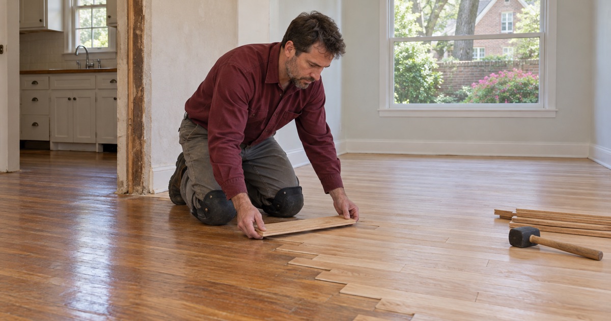 Worker weaving a new board across the line where a rear addition meets the original wood floor of a small Buckhead house.