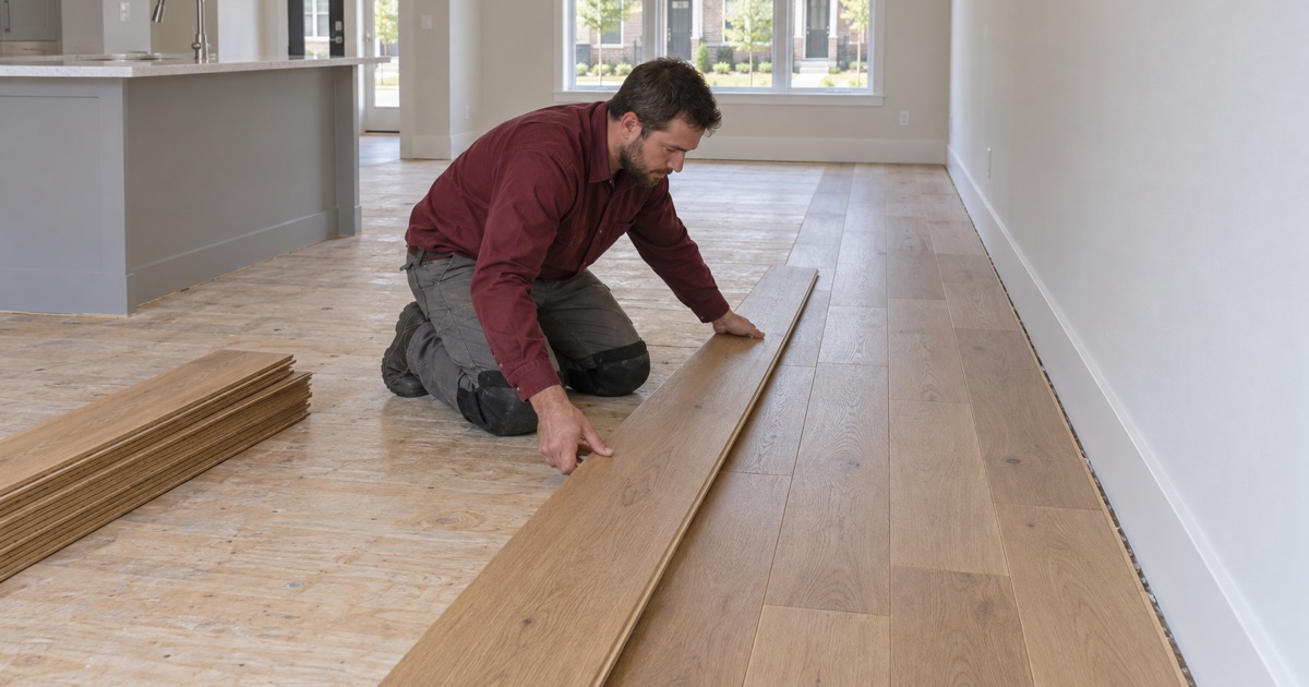 Worker laying new oak plank flooring on the main level of a Cumming townhome.