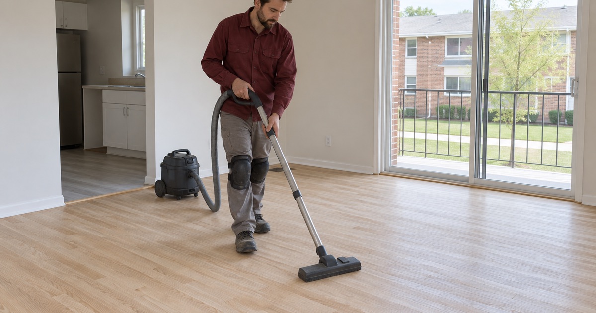 Worker vacuuming sanded oak in an empty Duluth apartment unit between tenants.