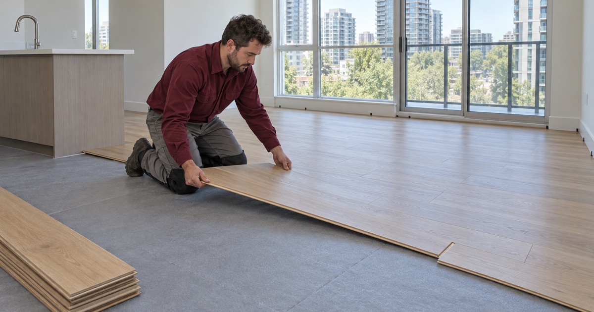 Worker angling a floating engineered hardwood plank into place in a mid-rise condominium unit in Dunwoody.