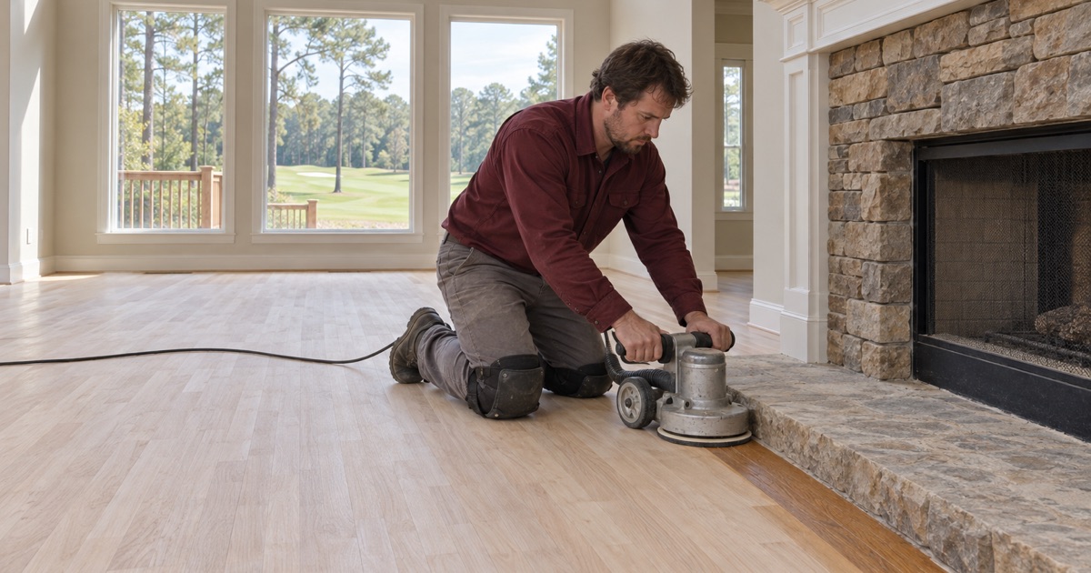 Worker running an edger along the hearth border of original 1990s oak flooring in a Johns Creek great room.