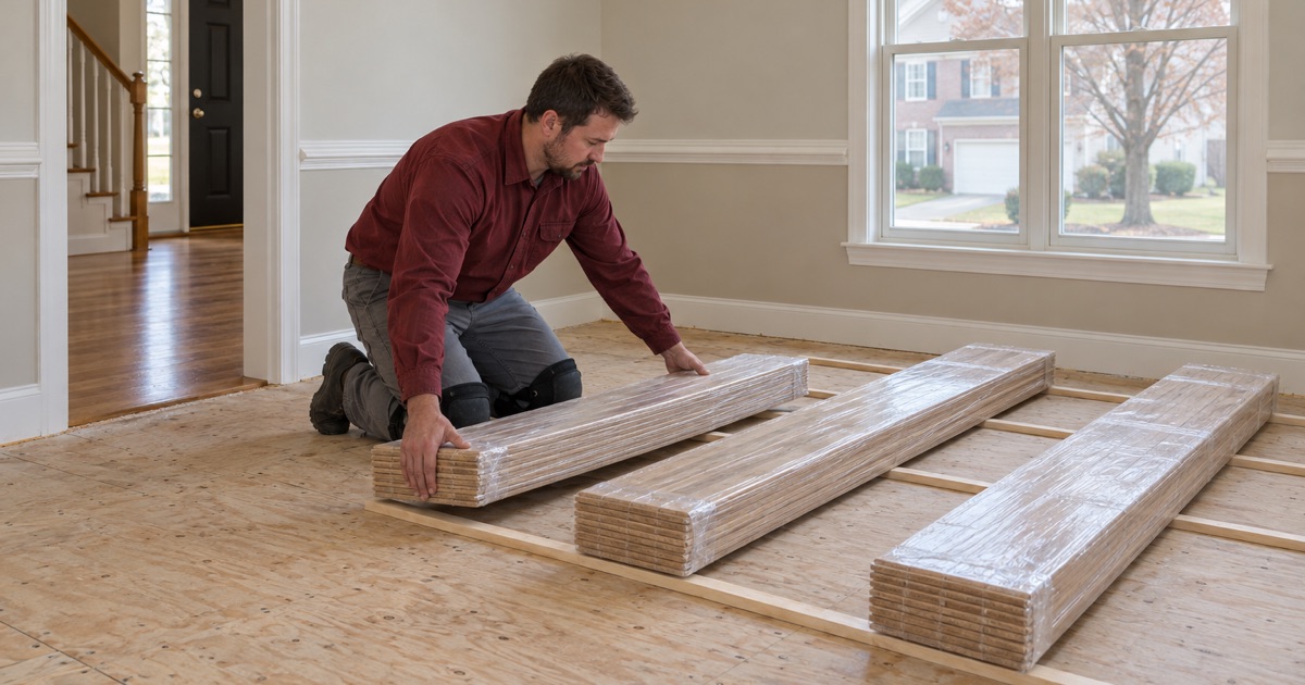 Worker laying bundles of new hardwood on battens to acclimate in a Kennesaw house.