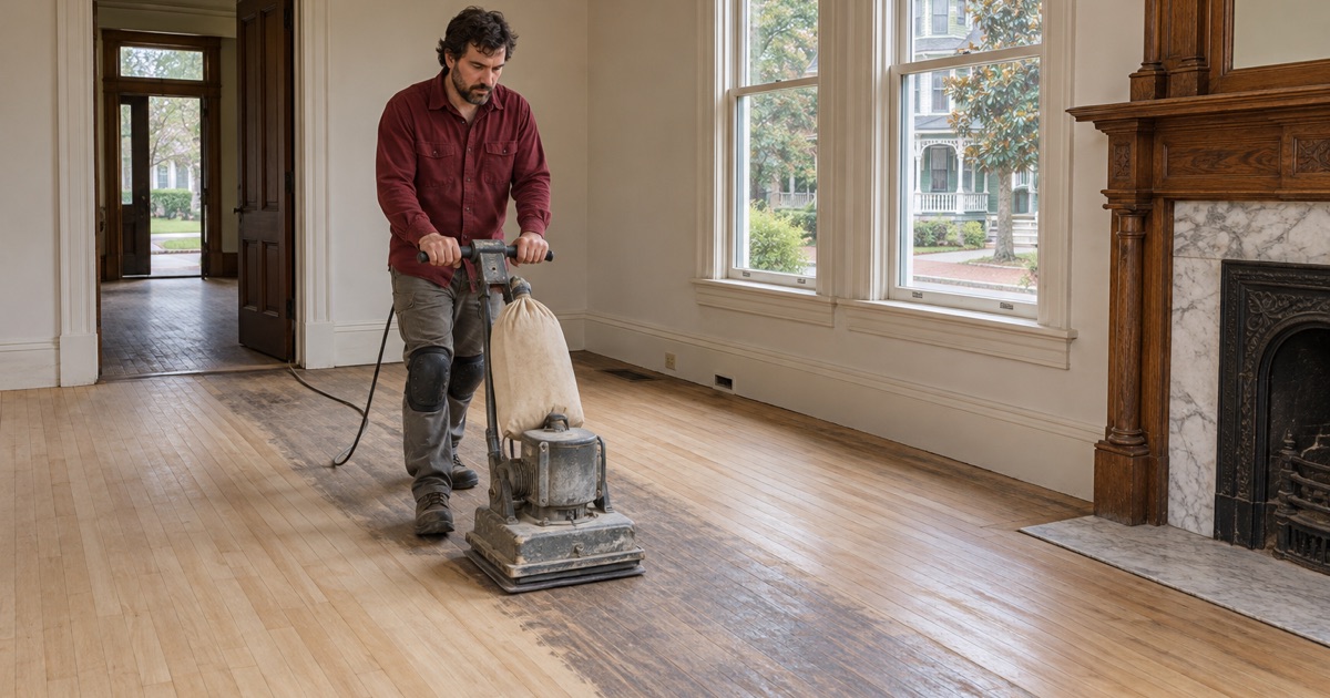 Worker running a square-pad floor sander down the worn traffic path of an old house now used as an office near Marietta Square.