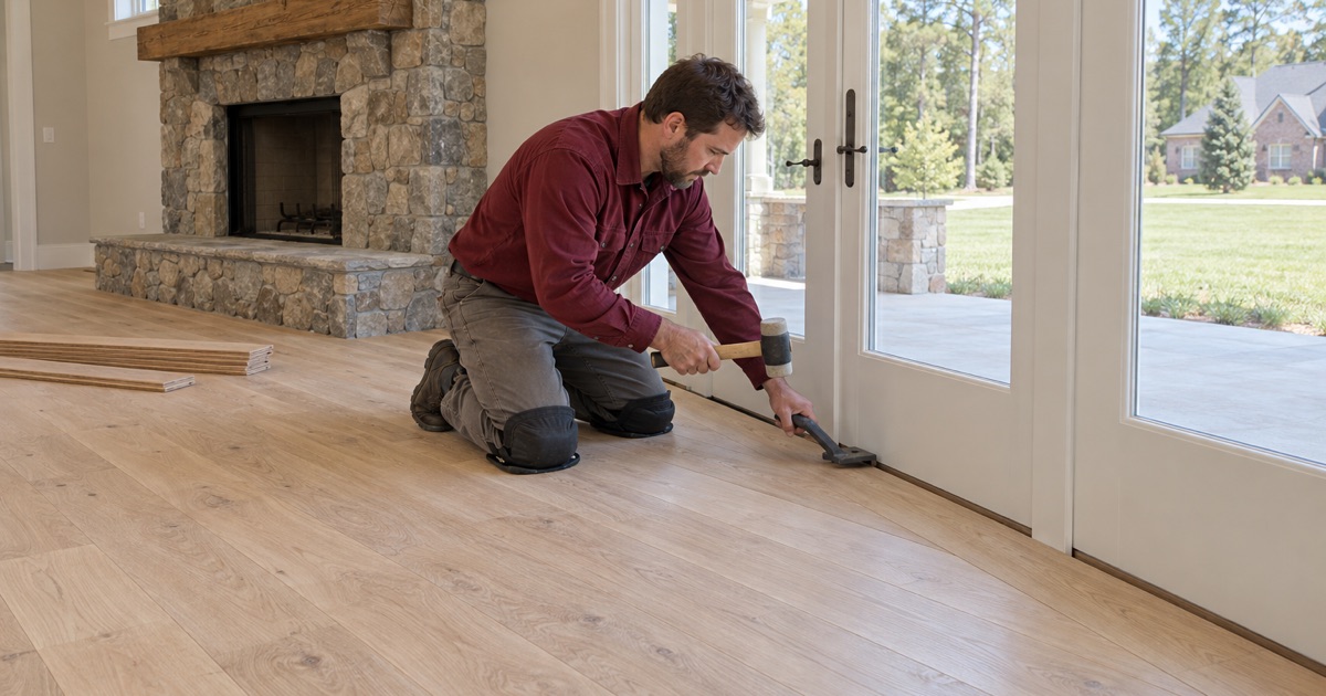 Worker drawing the last row of new oak flooring tight with a pull bar in a large house in a Milton HOA neighborhood.