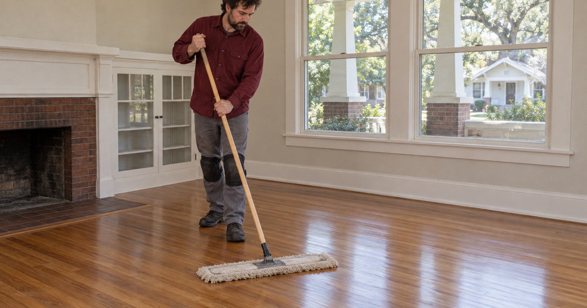 Worker dust-mopping a freshly finished narrow wood floor in the front room of a Craftsman bungalow in Norcross.