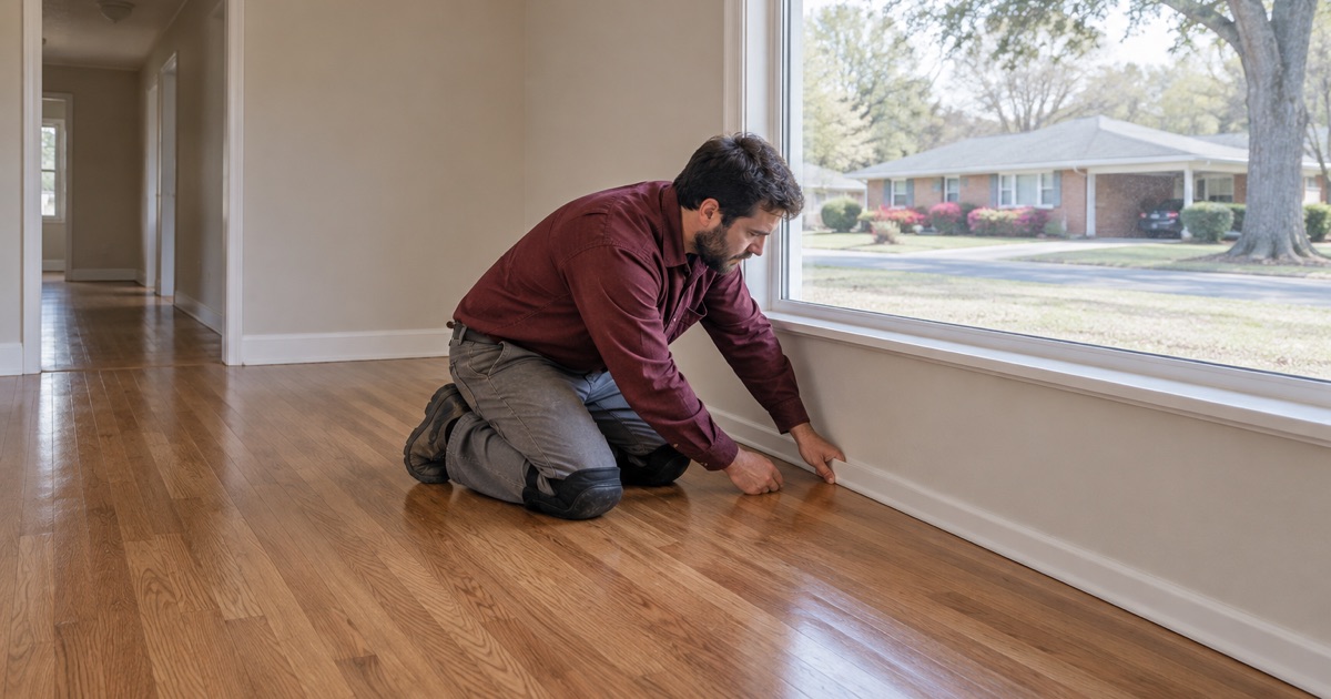 Shoe molding going back on beside refinished oak in a North Druid Hills ranch.