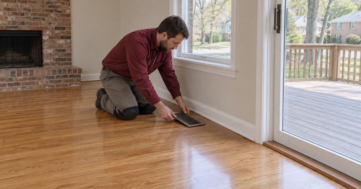 Worker setting a floor register back into refinished oak in a 1980s house in Peachtree Corners.