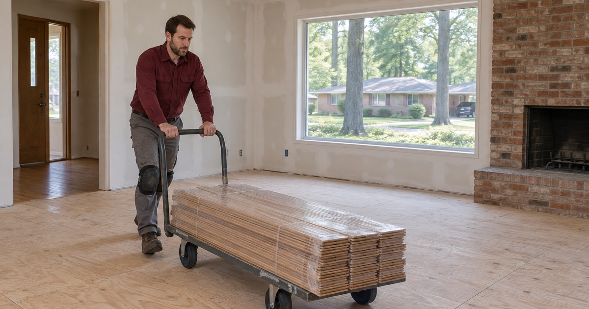 Worker pushing a dolly of new oak flooring into an older ranch house being renovated in Sandy Springs.