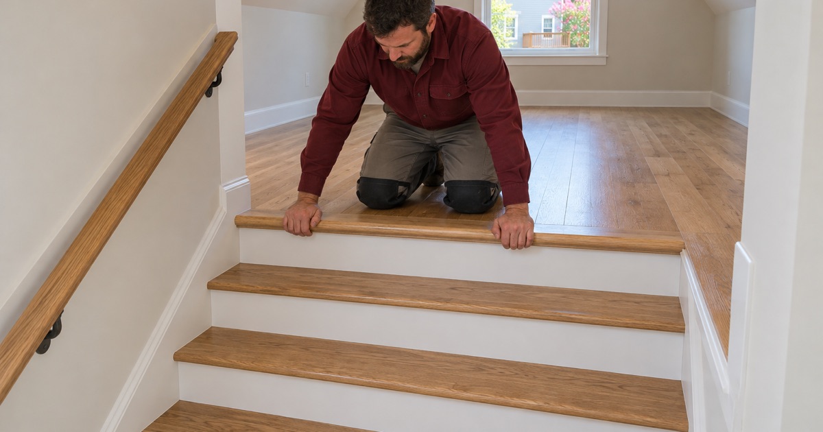 Worker fitting the landing nosing at the top of the stairs in a new garage apartment in Woodstock.